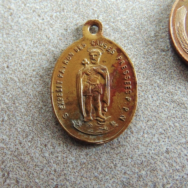 St. Expedit & Our Lady of Lourdes Antique French Catholic Medal or Pendant Saint Expeditus Virgin Mary Vintage Oval Religious Metal Charm