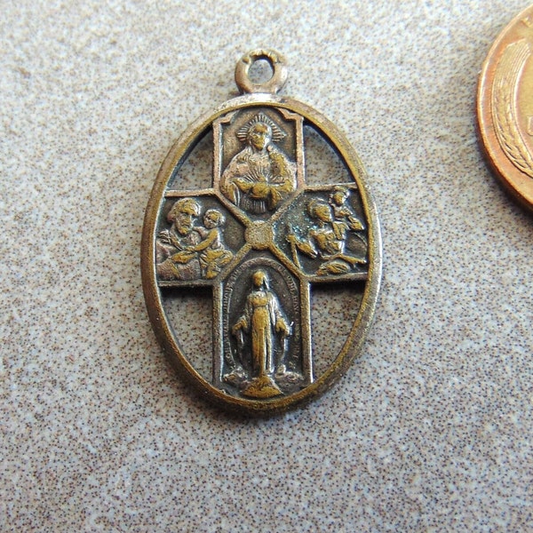 Vintage 4 Way Cross Oval Medal or Pendant I Am A Catholic Please Call A Priest Holy Religious Christian Metal Charm