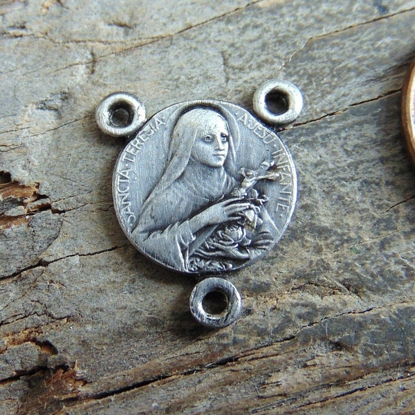 Sancta Teresia Vintage Rosary Center or Centerpiece Part St. Therese of Lisieux Roses Small Round Metal French Catholic