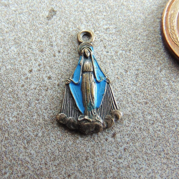 Virgin Mary Vintage Catholic Medal or Pendant Silver & Blue Our Lady Miraculous Metal Religious Charm