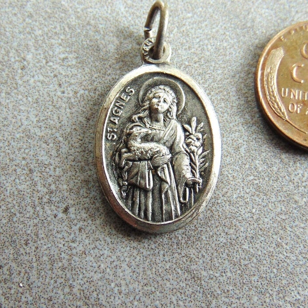 St. Agnes & Mission Santa Ines Vintage Catholic Medal or Pendant Oval Metal Religious Saints Charm