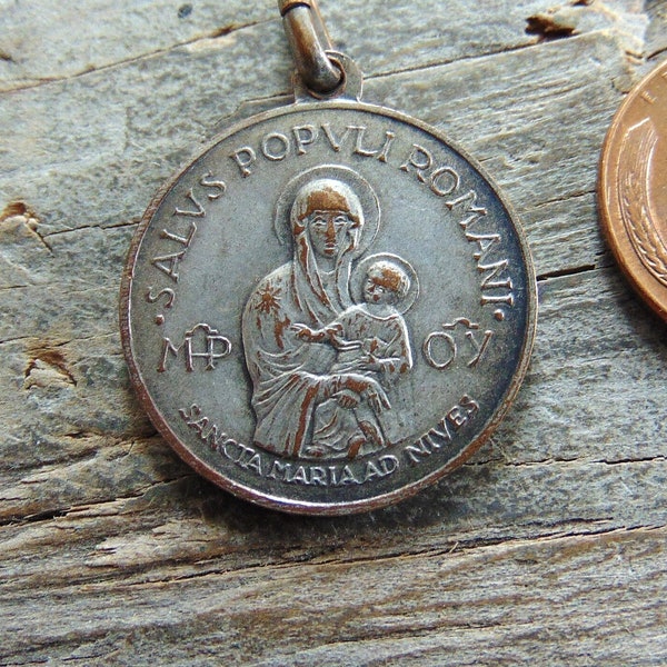 Salus Populi Romani & Pope Pius X Vintage Catholic Medal or Pendant Sancta Maria Ad Nives Round Metal Religious Medallion