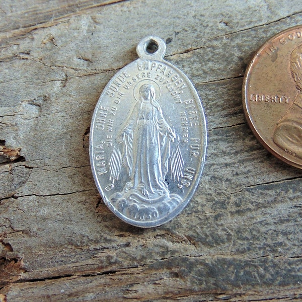 Vintage German Miraculous Medal or Pendant Aluminum Metal O Maria Ohne Sunde Empfangen Virgin Mary Catholic Oval Religious Charm