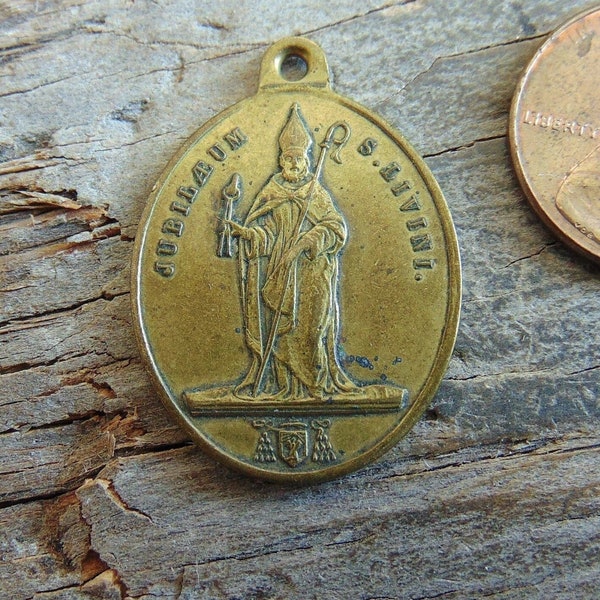 St. Livinus Antique Catholic Medal Jubilaeum S. Livini 657 1857 Ganu Hauthem Essche Saint Livinus of Ghent Vintage Metal Pendant Charm