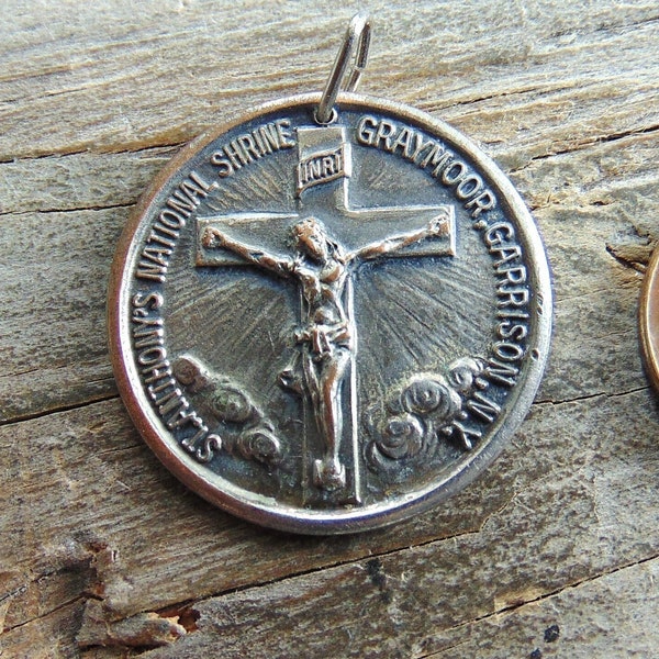 St. Anthony's National Shrine Graymoor NY Vintage Catholic Medal or Pendant Jesus Christ Crucifix Ten Commandments Metal Religious Medallion