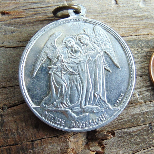 St. Thomas Aquinas & Milice Angelique Vintage French Catholic Medal or Pendant Aluminum Metal Signed E. Penin Reine du Tres Saint Rosaire