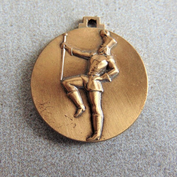 Vintage Drum Major Pendant - Medal or Award - Round - Gold-toned Metal - Marching Band - Gold Medal