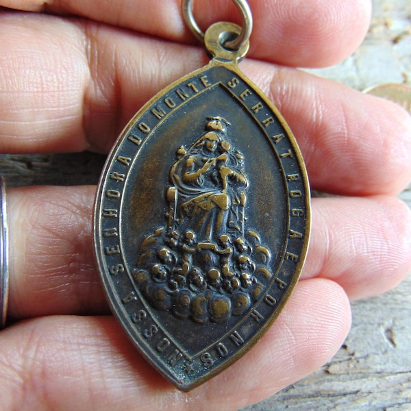 Our Lady of Monte Serrat Antique Catholic Medal or Pendant Nossa Senhora do Monte Serrat Santos Brazil Signed JMM Large Vintage Metal