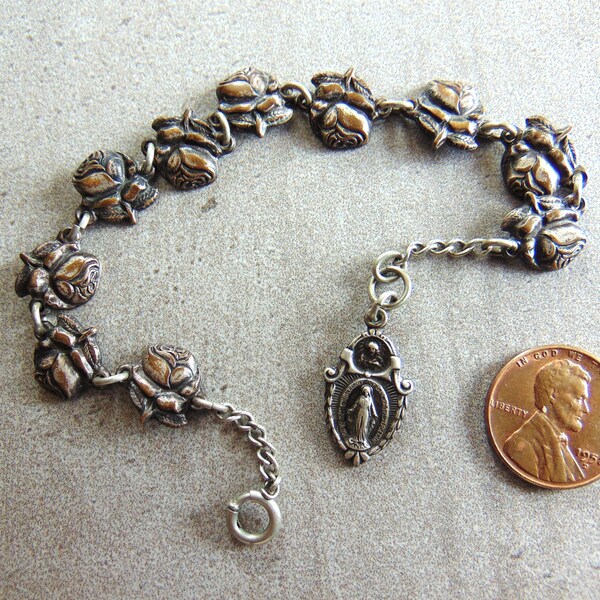 Vintage Catholic Saints Roses Bracelet St. Therese St. Joseph St. Anthony St. Christopher St. Ann Guardian Angel Metal Charms