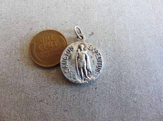 St. Expeditus Vintage French Catholic Medal Saint Expedite Signed Karo AP France Metal Pendant View 3