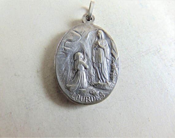 Our Lady of Lourdes Antique French Catholic Medal Sig… - Gem