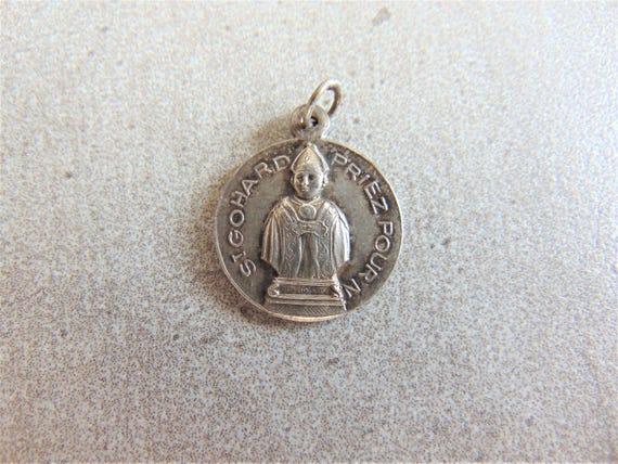 St. Gohard Vintage French Catholic Medal Saint Godard Godehard Gothard Metal Religious Pendant
