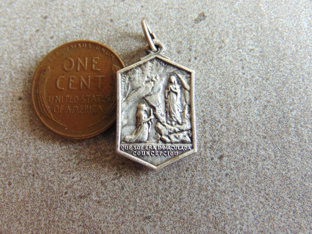 Our Lady of Lourdes Vintage Catholic Medal Spanish & German Religious ...