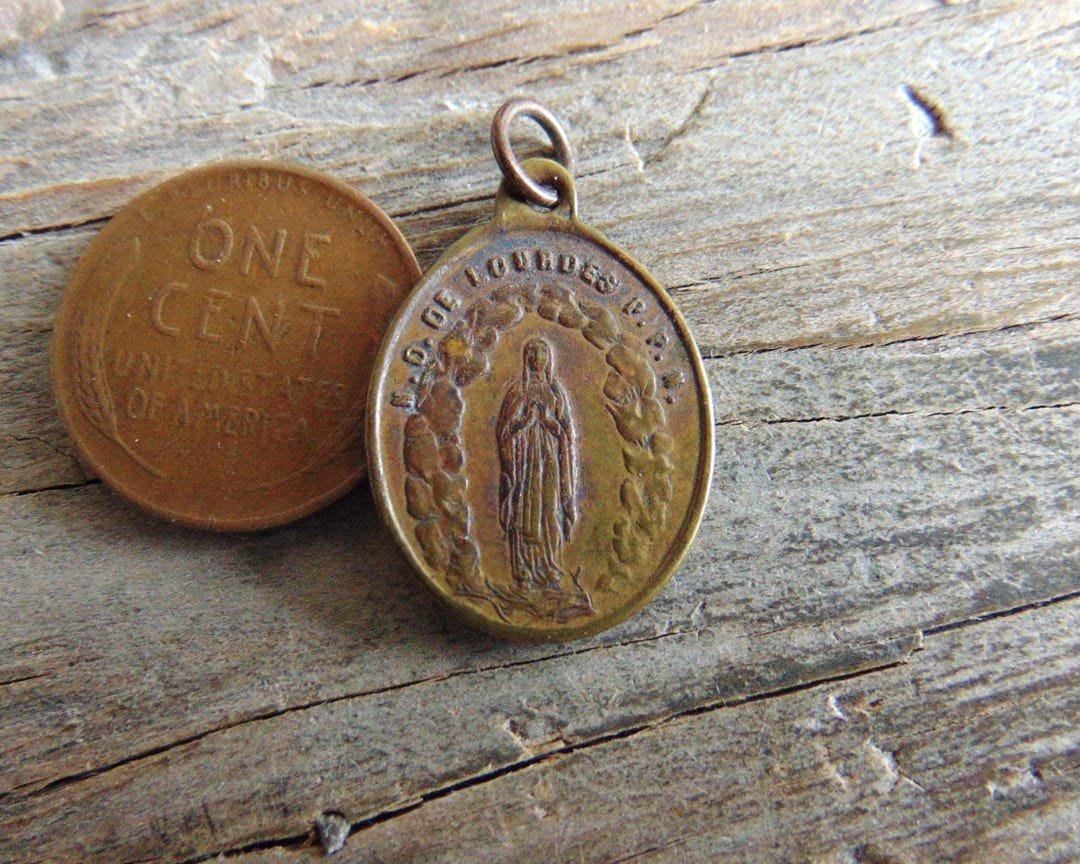Our Lady of Lourdes Antique French Catholic Medal Virgin Mary Vintage ...