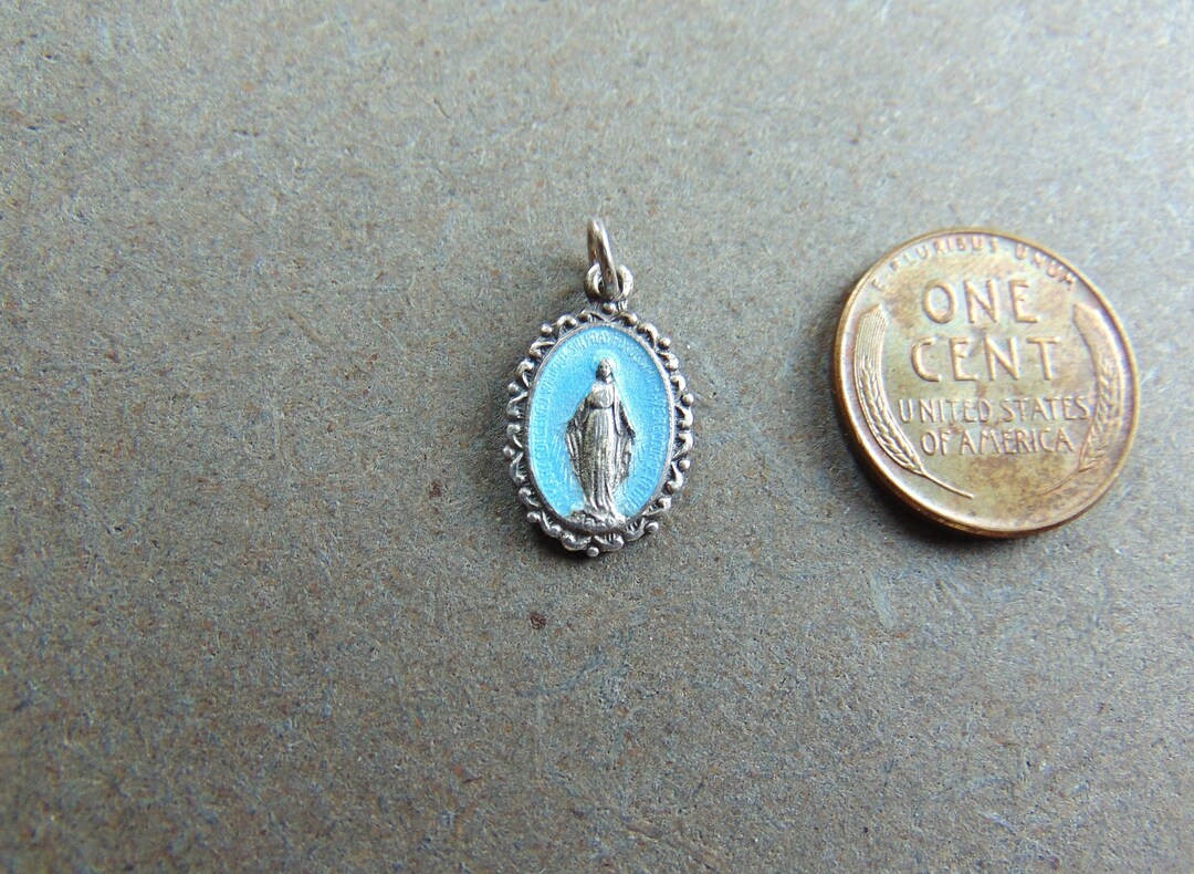 Virgin Mary Sterling Silver & Blue Enamel Vintage Miraculous Medal or ...