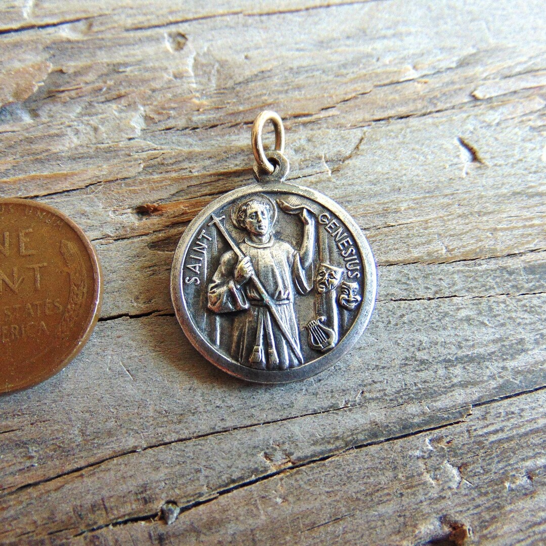 St. Genesius Vintage Catholic Medal or Pendant Pray for Us Round Metal ...