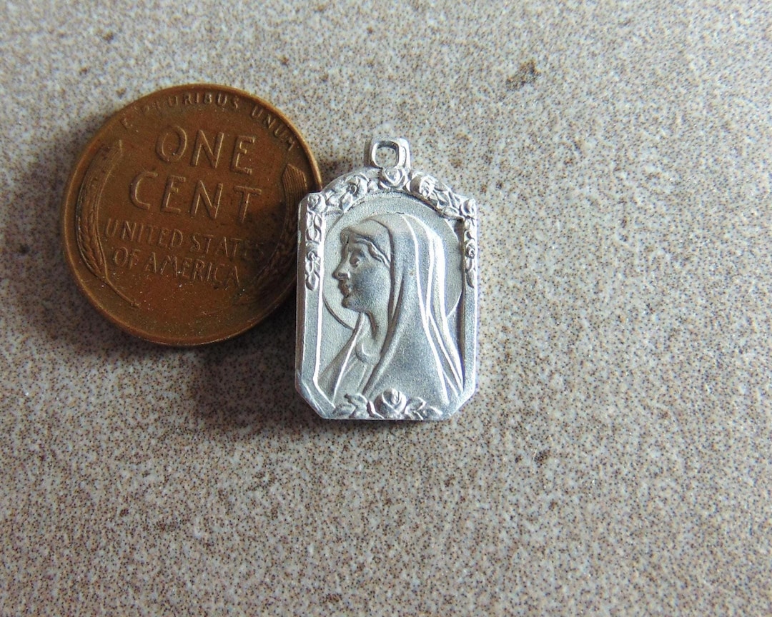 Our Lady of Lourdes Vintage Catholic Medal Pendant Aluminum Metal Roses ...