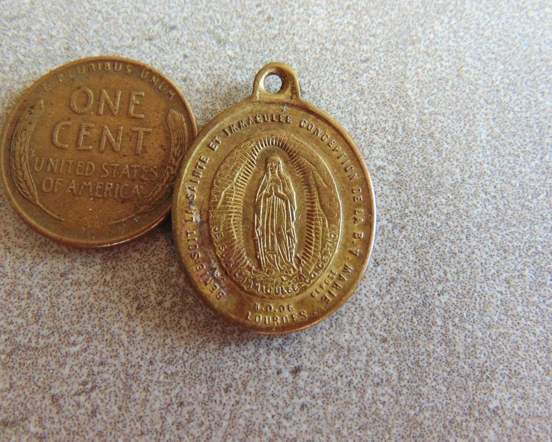 Our Lady of Lourdes Antique French Catholic Medal Virgin Mary Vintage ...