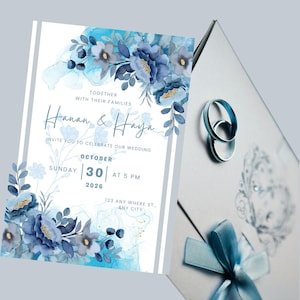 Elegante invito a nozze floreale blu con amore in fiore/Invito a nozze personalizzato/Elegante invito a nozze/Modello digitale per nozze