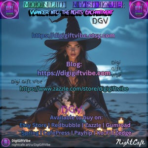 May include: Digital art featuring a woman in a witch's hat and cloak, seated on a beach at night. The image includes text that reads "MOONLIT MYSTIQUE" and website addresses for Etsy, Zazzle, and a blog. The scene is illuminated by candles and a full moon.