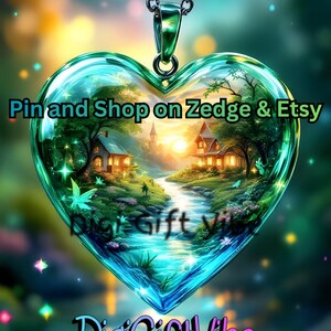 Puede incluir: Un colgante en forma de corazón con un paisaje en su interior, suspendido de una cadena plateada. La imagen tiene texto que dice "Launched Today!!", "Pin and Shop on Zedge & Etsy" y "DigiGiftVibe". La parte inferior de la imagen dice "WALLPAPERS & GIFTS & CLOTHING".