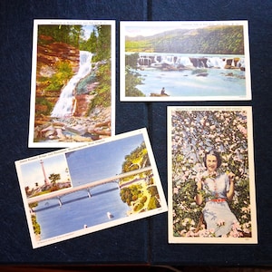 May include: A collection of four vintage postcards featuring color illustrations of a waterfall, a river landscape, the James Rumsey Bridge and Monument in Shepherdstown, West Virginia, and a person standing among apple blossoms in Martinsburg.