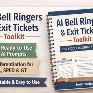 May include: A spiral-bound notebook and promotional materials for a teaching toolkit. The cover reads "AI Bell Ringers & Exit Tickets Toolkit" with supporting text. Additional text includes "14 Ready-to-Use AI Prompts" and "Differentiation for ELL, SPED & GT".