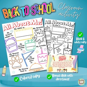 All About Me Worksheet for Kids | Back to School Activity | Printable PDF | Color & Black and White + Teacher Slide