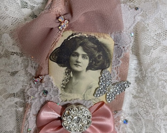 Altered pin with rhinestones, vintage lady image, gift for her, handmade, to pin on jacket, scarf, junk journal