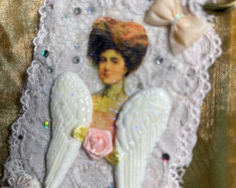 Altered pin, angel, vintage women image, gift for her, handmade, to pin on jacket, scarf, junk journal