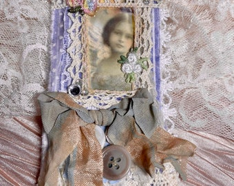 Altered pin, vintage girl image, gift for her, handmade