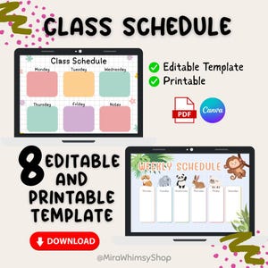 Puede incluir: Dos pantallas de ordenador portátil que muestran plantillas de horarios de clase y semanales. El horario de clase tiene casillas de colores para cada día. El horario semanal presenta ilustraciones de animales.