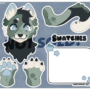 Puede incluir: Un conjunto de muestras de personajes de dibujos animados sobre un fondo azul. Las muestras incluyen una cabeza, una cola y patas en tonos de gris, azul y blanco. El texto incluye "NOT SOLD" y "SWATCHES". Un rectángulo en blanco está rodeado de estrellas azules.
