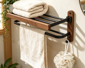 Walnut Bathroom Shelf with Towel Bar,Wood Wall Storage Organizer,Towel Racks for Bathroom with Hooks,Walnut Bath Organizer,Rack with Shelf