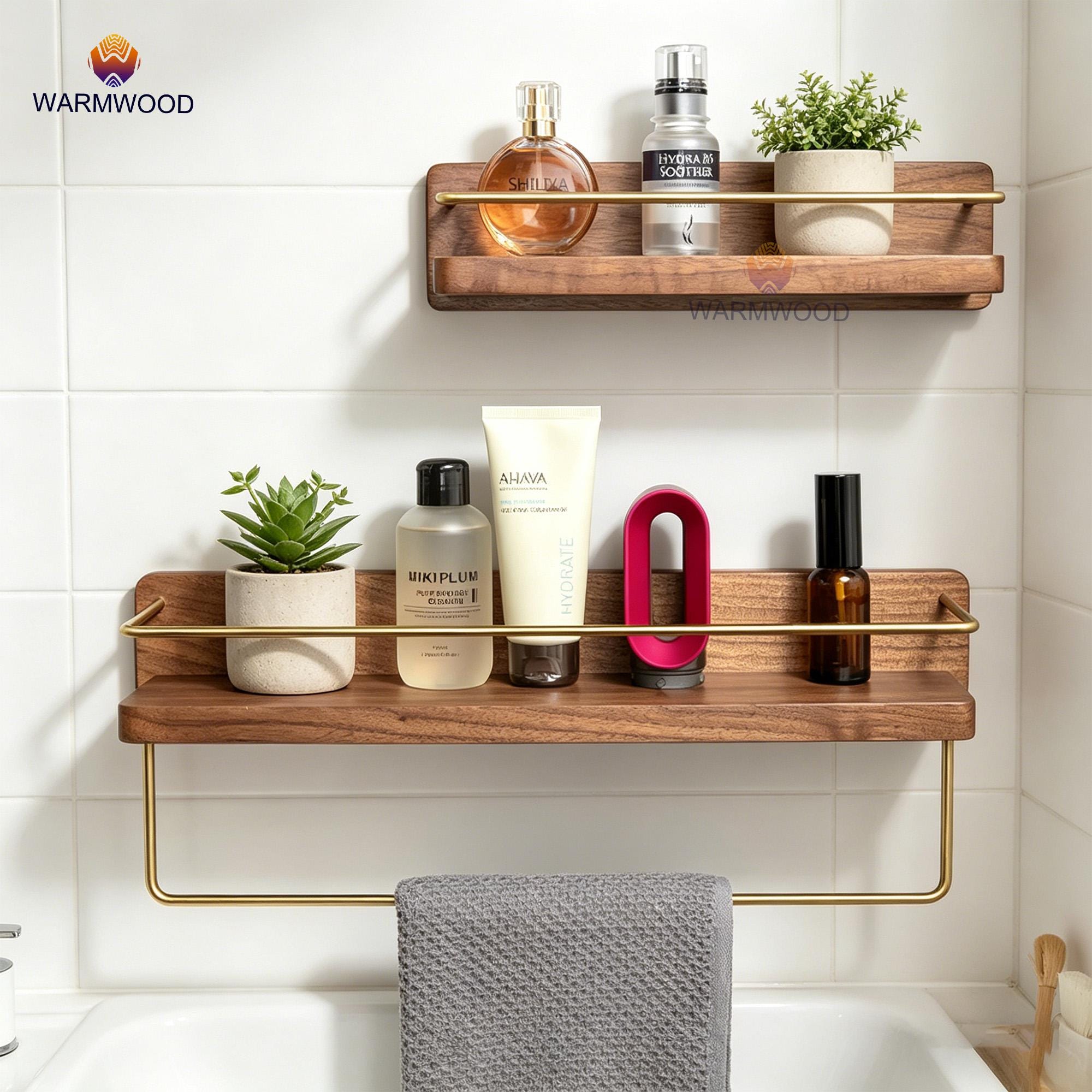Toiletry Rack Solid Black Walnut Bathroom Shelf With Gold Towel Bar | Wall Mounted ...