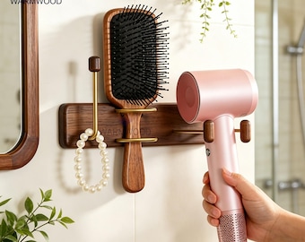 Handmade Black Walnut Wood Hair Dryer Holder,No Drill BathroomOrganizer for Hair Dryer&Comb,Wall Mounted Blow Dryer Rack with Hair Tie Hooks