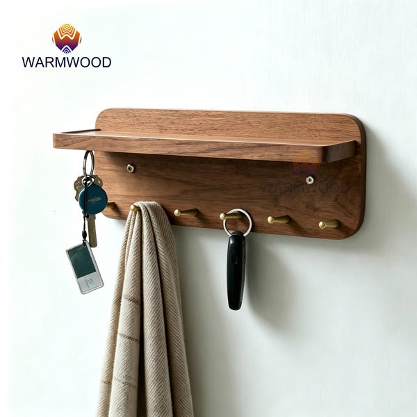 Llavero de nogal con estante, soporte magnético para llaves de pared, organizador de entrada con gancho de latón, estante de madera con gancho para llaves, regalo de inauguración de casa