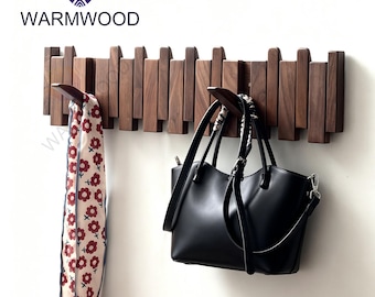 Solid Wood Coat Hooks,Piano Key Coat Rack,Walnut Wood Wall Hooks,4-12 Hooks,Eco Friendly,Handcrafted Hanger for Hallway,Entryway Decor