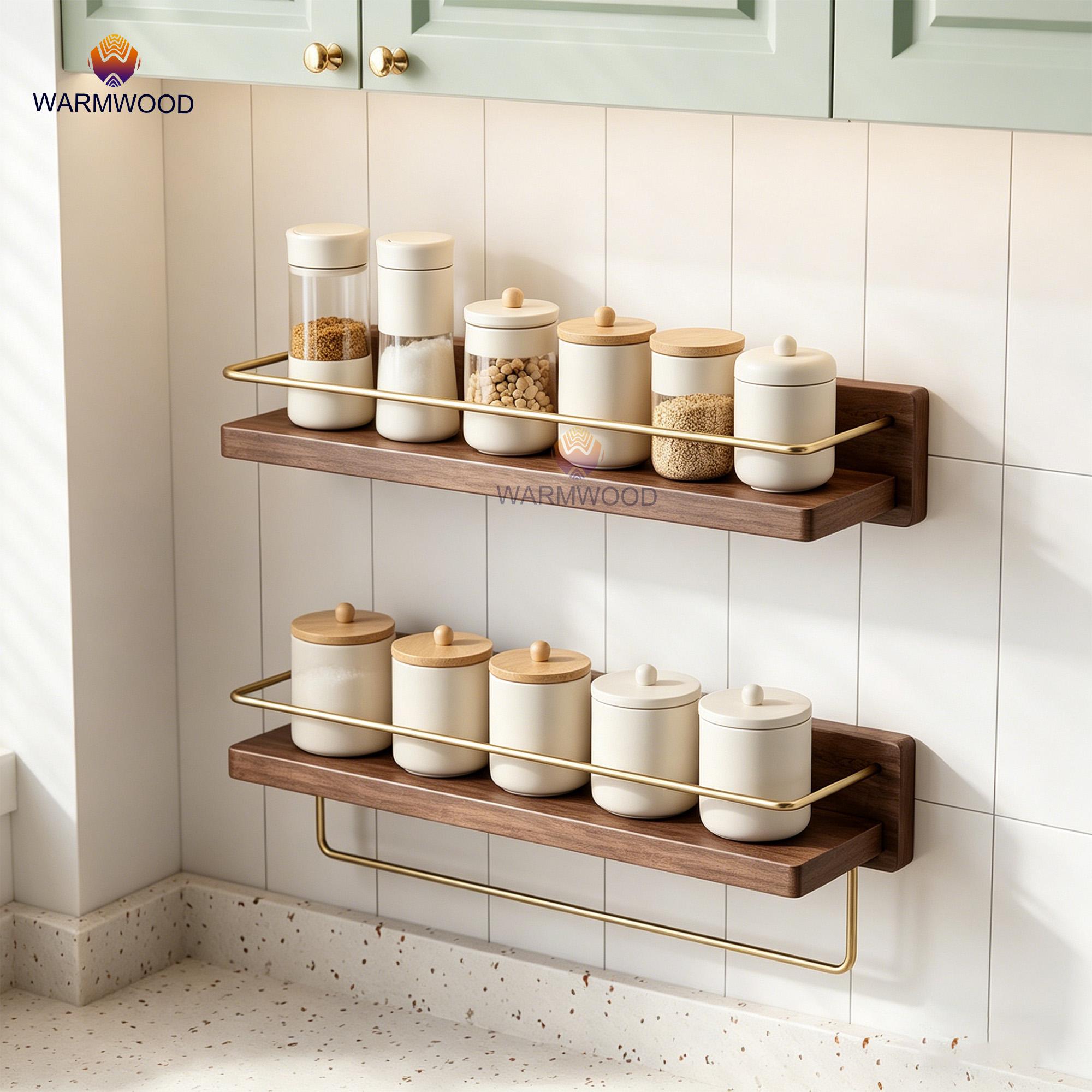 Toiletry Rack Solid Black Walnut Bathroom Shelf With Gold Towel Bar | Wall Mounted ...