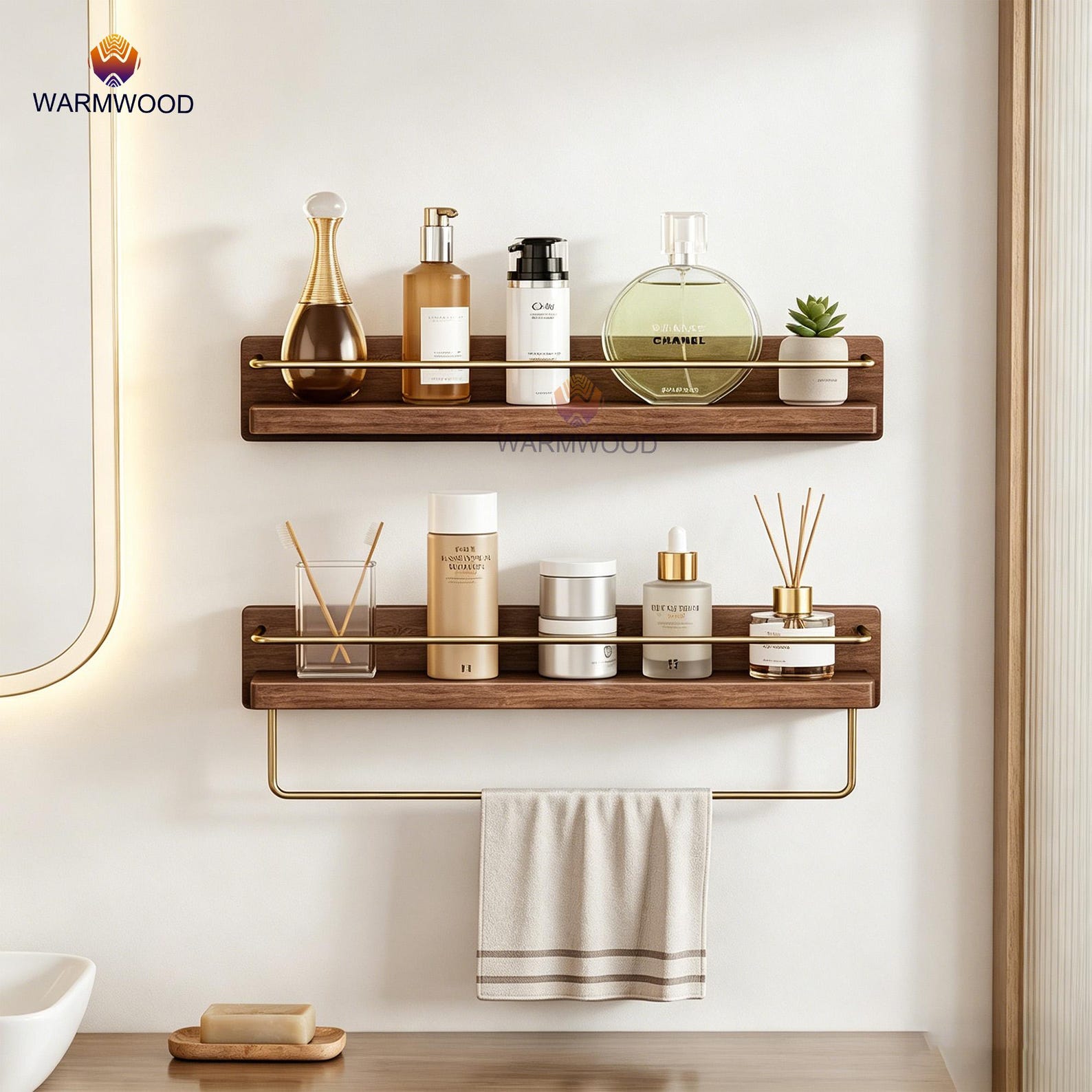 Toiletry Rack Solid Black Walnut Bathroom Shelf With Gold Towel Bar | Wall Mounted ...