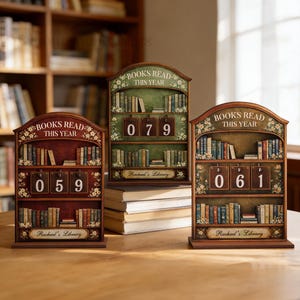 Estantería floral con contador de libros: rastreador de libros de madera, libros leídos este año, regalo para amantes de la lectura, decoración de estanterías