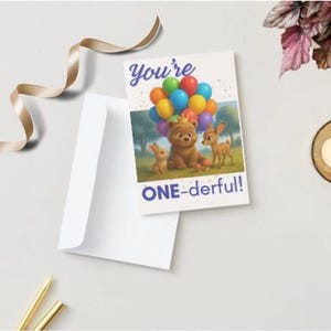 Você é ÚNICO! Cartão de Primeiro Aniversário | Urso e Balões | Cartão para Imprimir para o Primeiro Aniversário do Bebê | Opção Dobrada ou Plana | Download Instantâneo