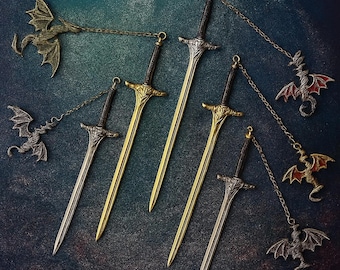 Marque-page épée et dragon : accessoire de livre fantaisie or et argent