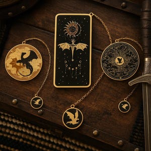 May include: A selection of gold-coloured dragon-themed pendants and a bookmark on a wooden surface. The pendants are round and feature dragon silhouettes, connected by chains. The bookmark has a dragon and sun design.