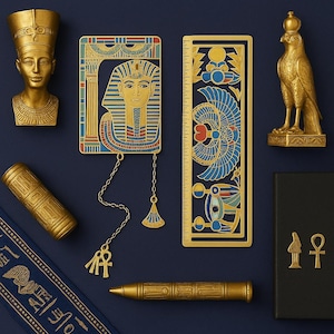 Egyptian Pharaoh Metal Bookmark with Multicoloured Hieroglyphs and Eye of Horus, Decorative Book Accessory with Chain, Unique Reading Gift