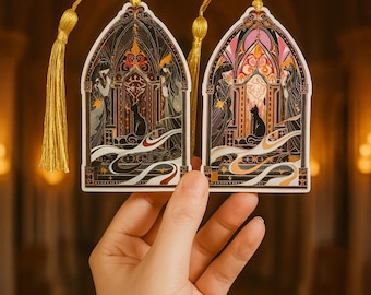 Black Cat Bookmark: Gothic Palace Style with Gold Tassel