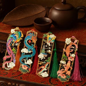Chinese Style Retro Bookmark with Tassel, Metal Hollow Dragon Phoenix Koi Crane Book Clip