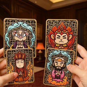 May include: Four rectangular cards with cartoon illustrations of characters. The cards have gold borders and intricate patterns. The characters include a pig, a monkey, a monk, and a figure in a crown. The cards are held in two hands.