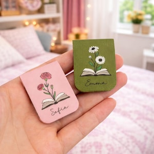 Personalized Birth Flower Bookmark: Vegan Leather Magnetic Book Accessory