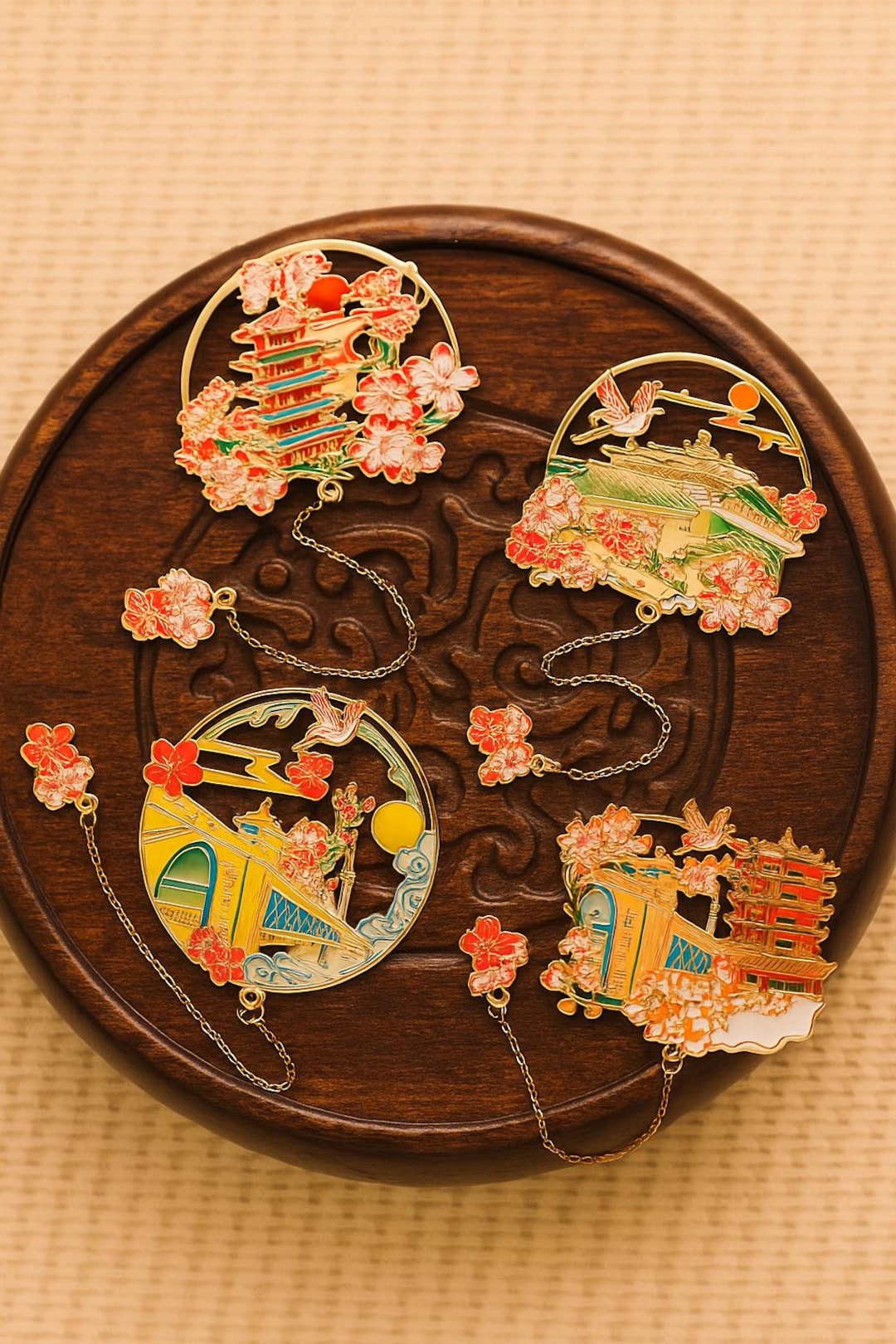 Chinese Palace Architecture Bridge Bookmark With Flowers and Tassel - Etsy